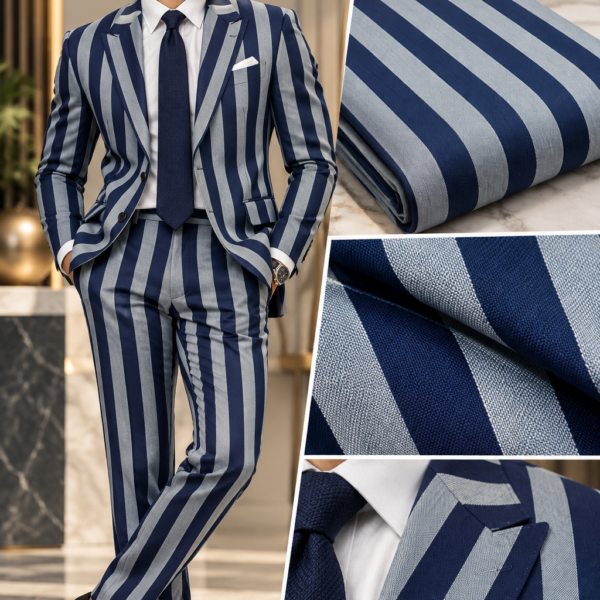 Navy Blue & White Stripe Blazer Fabric